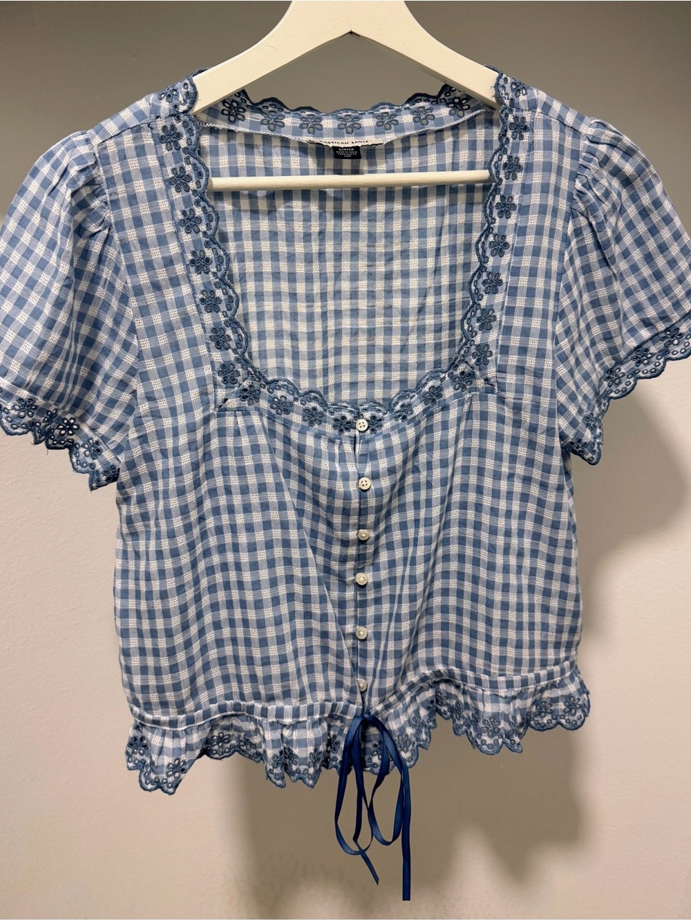 American Eagle Outfitters Blue White Gingham Lace-Trim Button Front Top